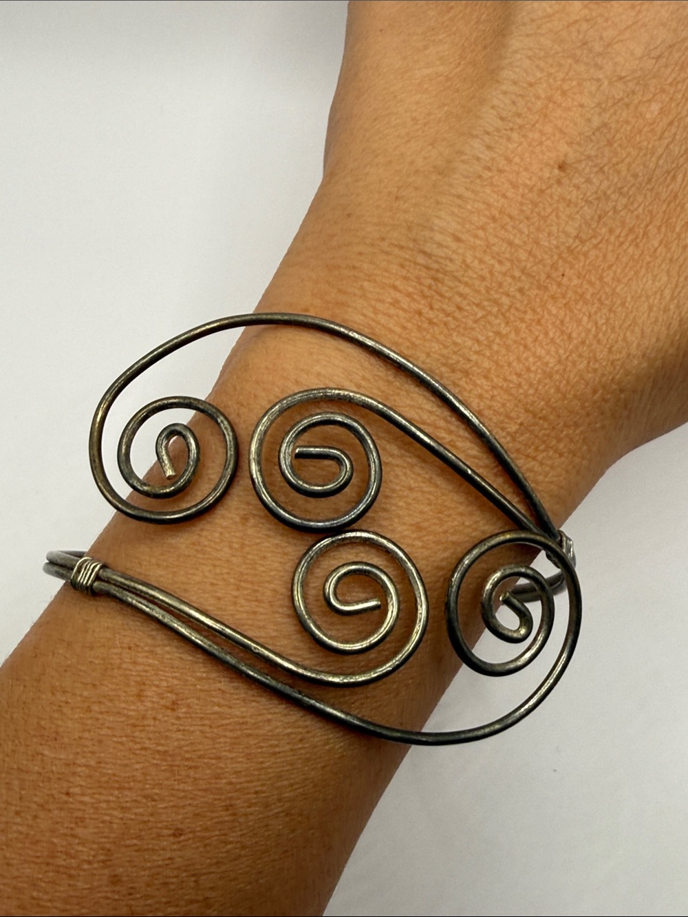 Vintage Silver Tone Wire Wrapped Large Cuff Bangle Statement Bracelet